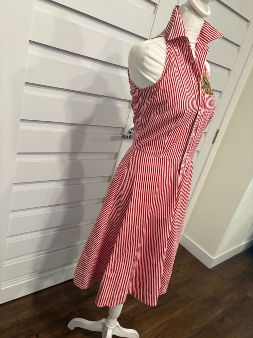 Vintage Ralph Lauren Red White Striped Halter Shirt Dress Crest XS S - Picture 9 of 12